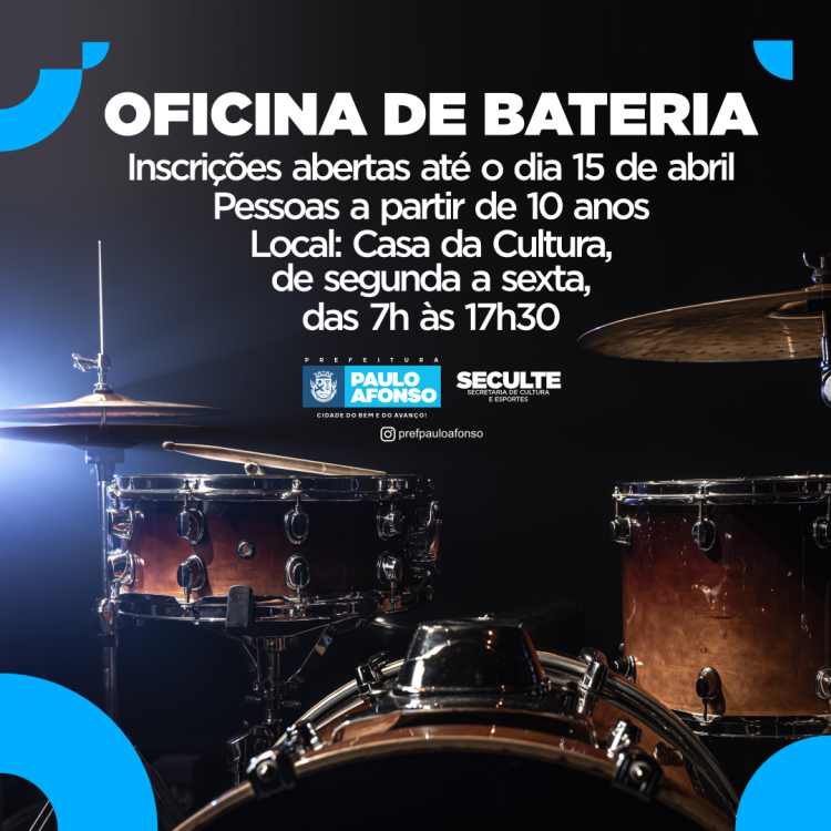 Seculte abre inscrições para oficina de bateria para pessoas a partir de 10 anos