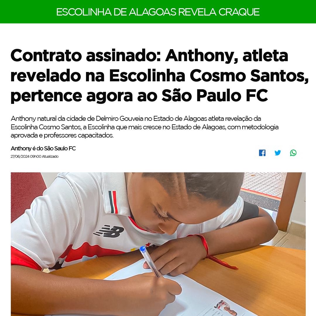 Garoto de Delmiro Gouveia assina contrato no São Paulo; Anthony é formado na Escolinha Cosmo Santos